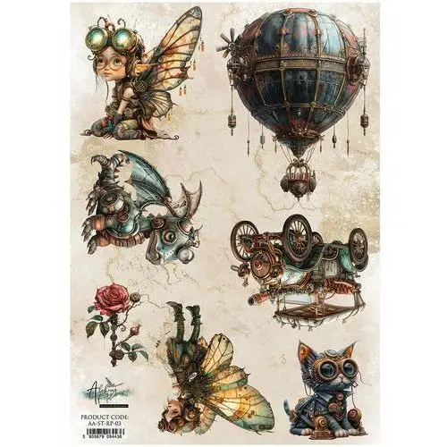 Papier ryżowy do decoupage A4 - Steampunk balon kot smok wróżka