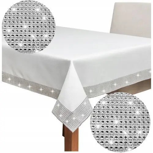 Biały Obrus na stół błyszczący W srebrne Cyrkonie Glamour 140x220 cm