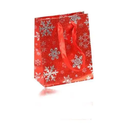 Torebka prezentowa czerwonego koloru - zimowy motyw ze śnieżynkami srebrnego koloru, wstążki, AB40.18