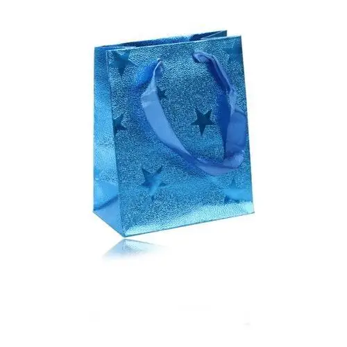 Torebka prezentowa niebieskiego koloru - z wizerunkiem gwiazdek, prążkowana powierzchnia, wstążki
