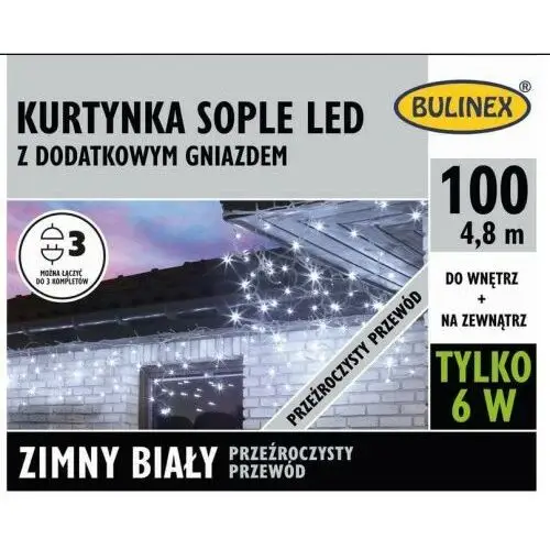 Kurtyna LED Bulinex 100L 4,8 m sople z dodatkowym gniazdem barwa zimna biała, 13-554