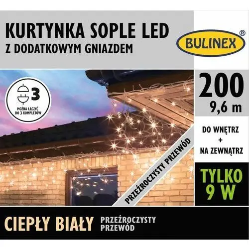 Bulinex Kurtyna led 200l 9,6 m sople z dodatkowym gniazdem barwa ciepła biała