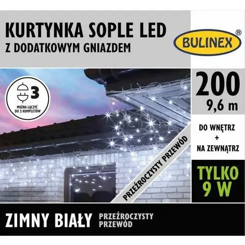 Kurtyna LED Bulinex 200L 9,6 m sople z dodatkowym gniazdem barwa zimna biała