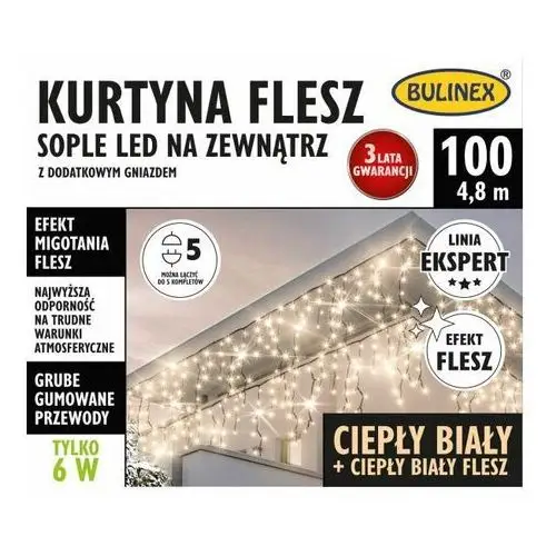 Bulinex Kurtyna zewnętrzna 100 led sople flesz 4,8 m z dodatkowym gniazdem ciepła biała