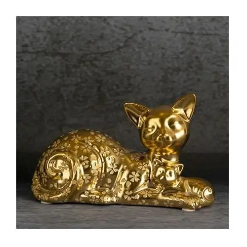 Figurka ceramiczna KITY złoty kot z wytłaczanymi kwiatuszkami 22 x 9 x 14 cm złoty