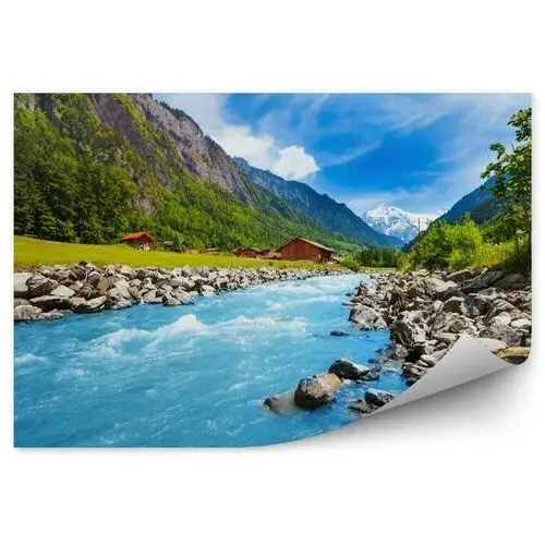 Szwajcarski krajobraz z rzeki strumienia i domy Fototapeta Szwajcarski krajobraz z rzeki strumienia i domy 250x250cm MagicStick
