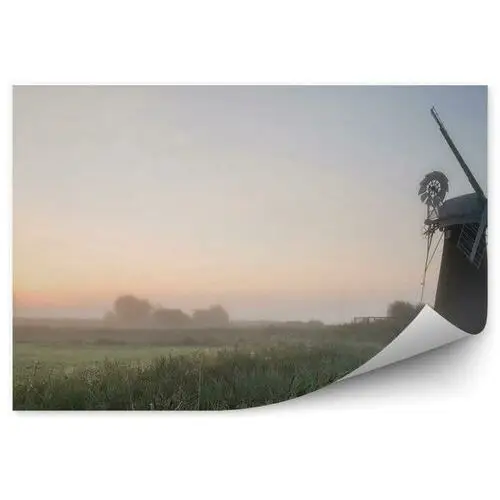 Fototapety.pl Wiatrak trawa mgła letni krajobraz niebo fototapeta wiatrak trawa mgła letni krajobraz niebo 250x250cm fizelina