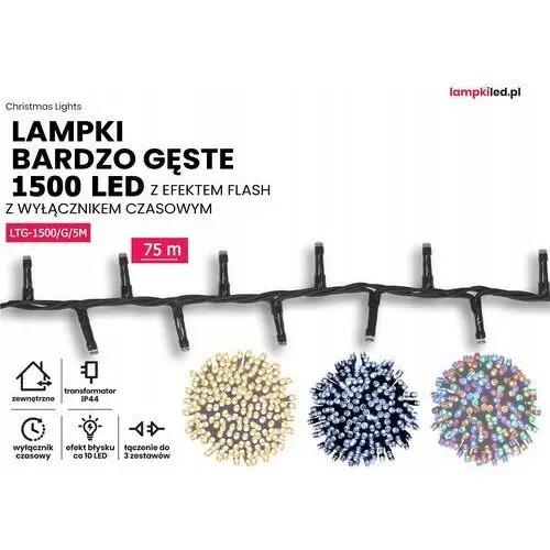 Gęste Lampki Choinkowe Sznur Zewnętrzne 1500 Led 75m. migające Timer