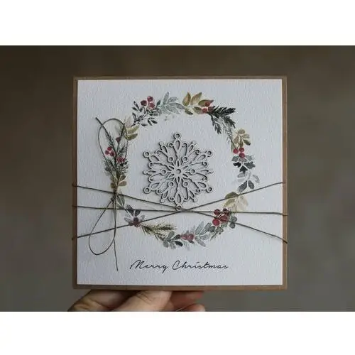 Stylowa ręcznie robiona kartka świąteczna na Boże Narodzenie wianek głóg śnieżynka Merry Christmas Card