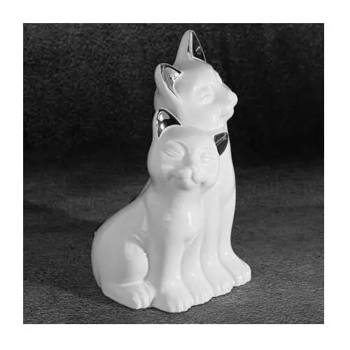 Kot figurka ceramiczna biało srebrna 14 x 12 x 22 cm biały,srebrny