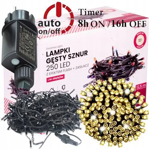 Lampki Choinkowe Zewnętrzne 250 Led Gęste 12,5m Ciepłe Białe Flash Błysk