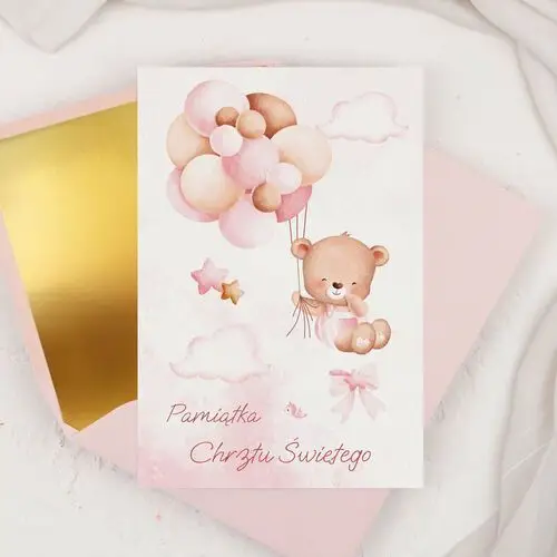 Kartka na chrzest ��wi��ty z r����owym misiem i balonami - pink teddy + koperta ozdobna Lily zaproszenia