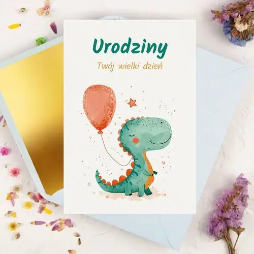 Kartka na urodziny dla chłopca z małym dinozaurem i balonikiem - little dino + koperta ozdobna Lily zaproszenia