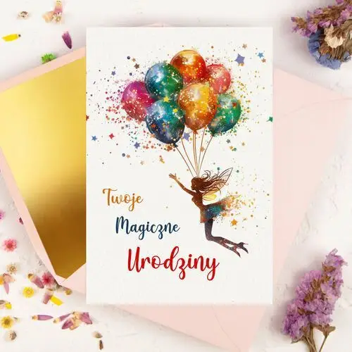 Kartka na urodziny dla dziewczynki z kolorową wróżką i balonami - little fairy + ozdobna koperta Lily zaproszenia