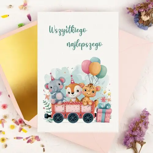 Kartka na urodziny dziecka ze zwierzątkami w pociągu i balonami - little adventure + zdobiona koperta Lily zaproszenia