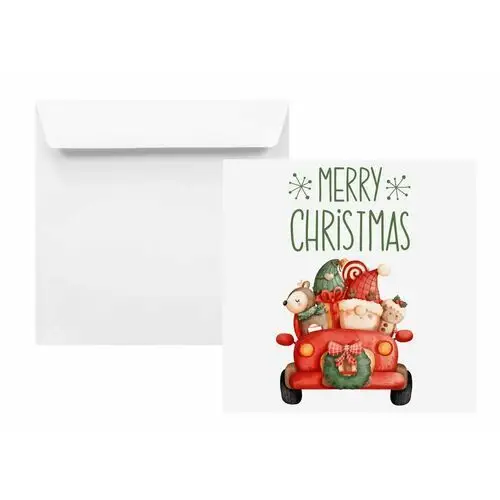 Koperty świąteczne na Boże Narodzenie kwadratowe HK białe z nadrukiem Auto 25 szt. - świąteczne koperty z Mikołajem na upominki kartki bożonarodzeni