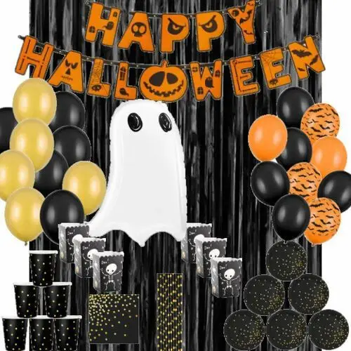 Mega zestaw halloween - 10 elementów baner balony duszek talerzyki i kubeczki Ochprosze