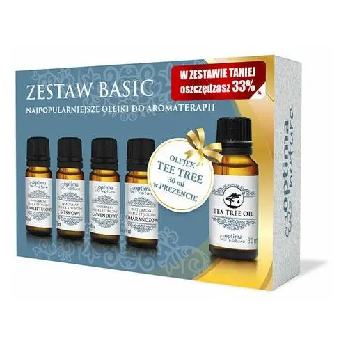 Optima natura Zestaw basic - 5 najpopularniejszych naturalnych olejków eterycznych (eukaliptusowy, lawendowy, sosnowy, pomarańczowy, tea tree). w zestawie taniej