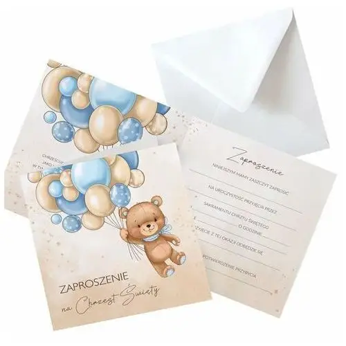 Sklepykoka Zaproszenia na chrzest chłopca miś i baloniki błękit 10szt (+koperty)