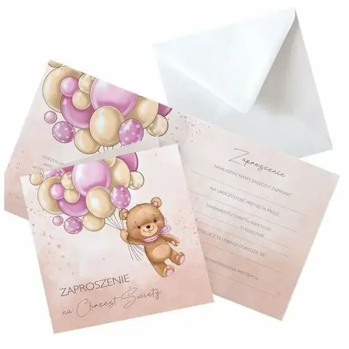 Zaproszenia na chrzest dziewczynki miś i baloniki róż 10szt (+koperty) Sklepykoka