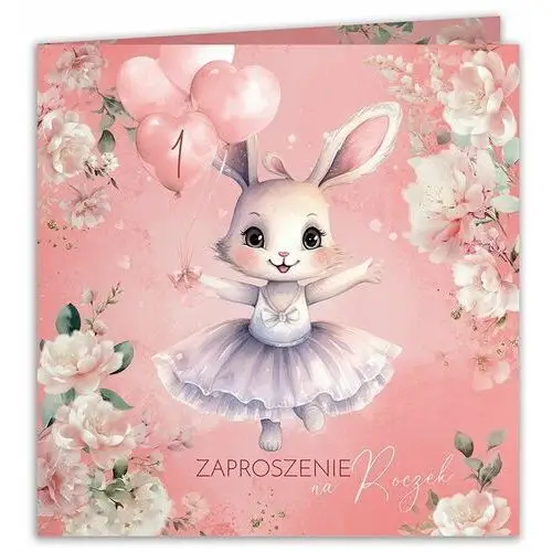 Zaproszenia na roczek króliczek z balonami różowe 10szt (+koperty) Sklepykoka