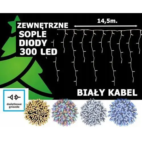 Sople Zewnętrzne 300 Led 15 metrów Biały Kabel z możliwością łączenia Flash