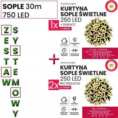 Sople Zewnętrzne 750LED 30M Lampki Choinkowe Timer