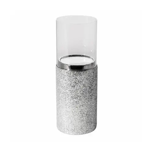 Świecznik ceramiczny dekorowany brokatem ze szklaną osłonką ∅ 12 x 34 cm srebrny