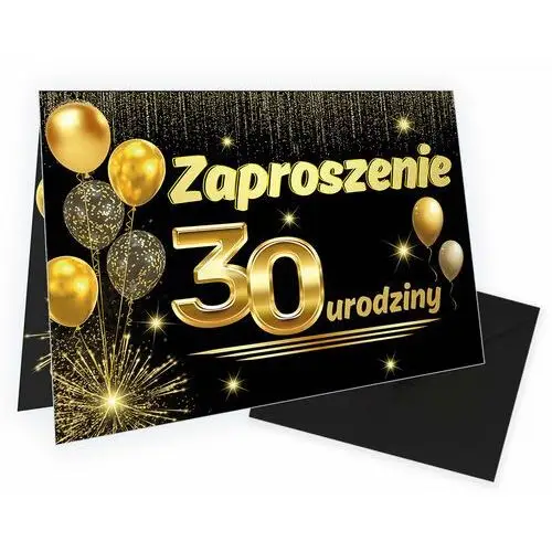 Zaproszenia na 30 Urodziny Złote Balony Czarna Koperta - 10 sztuk