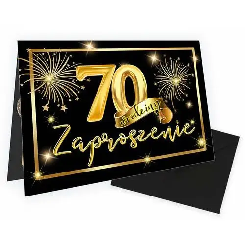 Zaproszenia na 70 urodziny złote balony czarna koperta - 10 sztuk Szalony kot