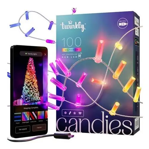 Twinkly Candies – 100 Lampki w kształcie świeczki RGB LEDs, przezroczysty przewód, USB-C