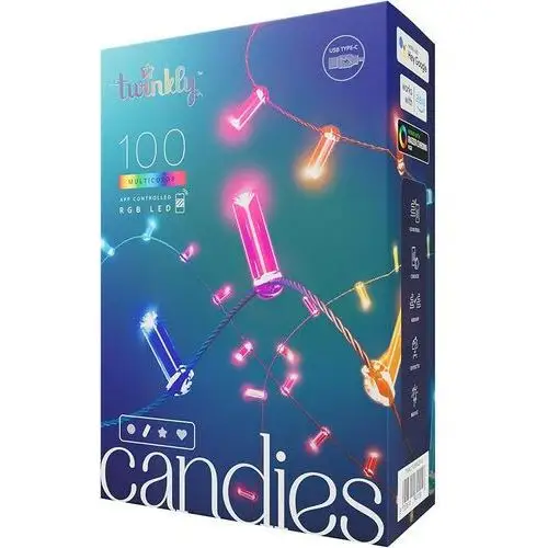 Twinkly Candies – 100 Lampki w kształcie świeczki RGB LEDs, zielony przewód, USB-C, TWKC100RGB-G