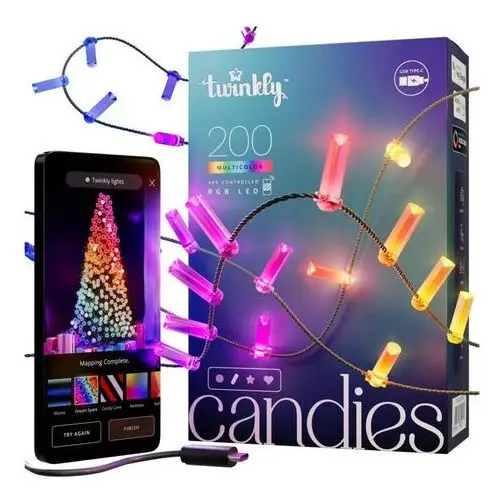 Twinkly Candies – 200 Lampki w kształcie świeczki RGB LEDs, zielony przewód, USB-C