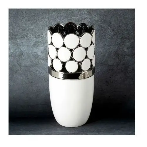 Wazon ceramiczny EMELIA zdobiony ażurowym wzorem w geometryczne kółka podkreślone srebrnym odcieniem ∅ 15 x 33 cm biały,srebrny