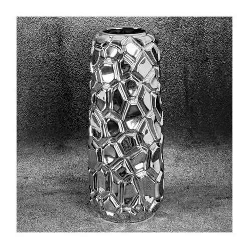 Wazon ceramiczny RENI o lśniącej powierzchni z wytłaczanym geometrycznym wzorem ∅ 16 x 38 cm srebrny